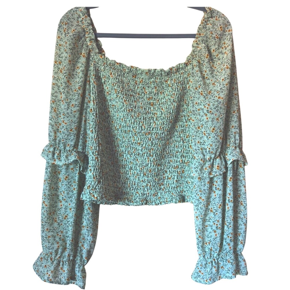 Wild‎ Fable Floral Smocked Top Womens XXL Sage Green Excellent Puff Sleeve Boho